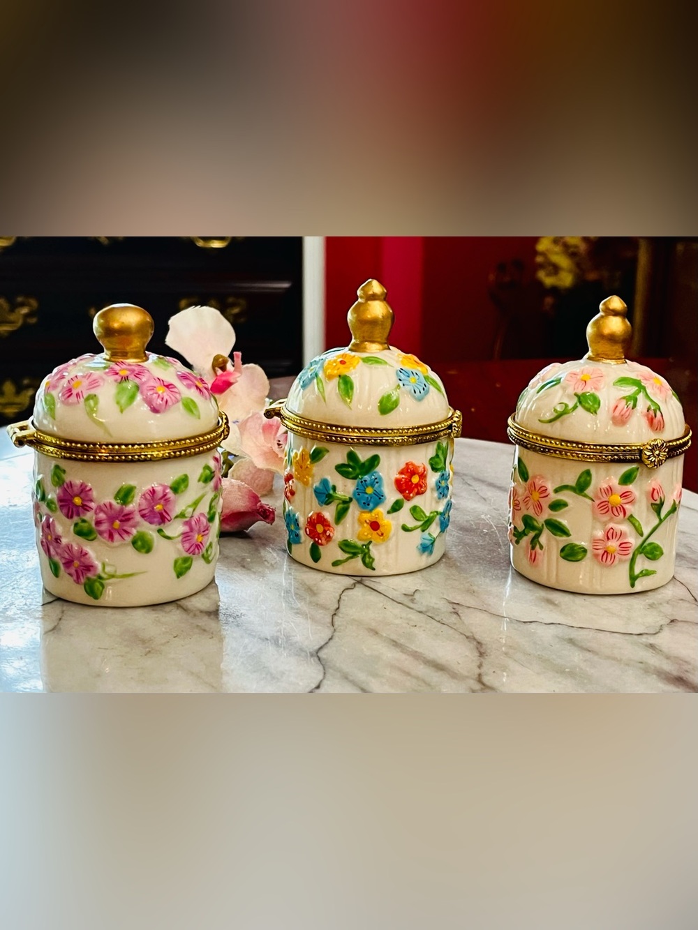 Set of 3 VTG Floral Porcelain Hinged Stamp Roll Dispensers Desk Trinket Boxes